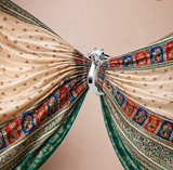 Decorative saree with intricate patterns and a diamond ring, featuring text on saree highlights.