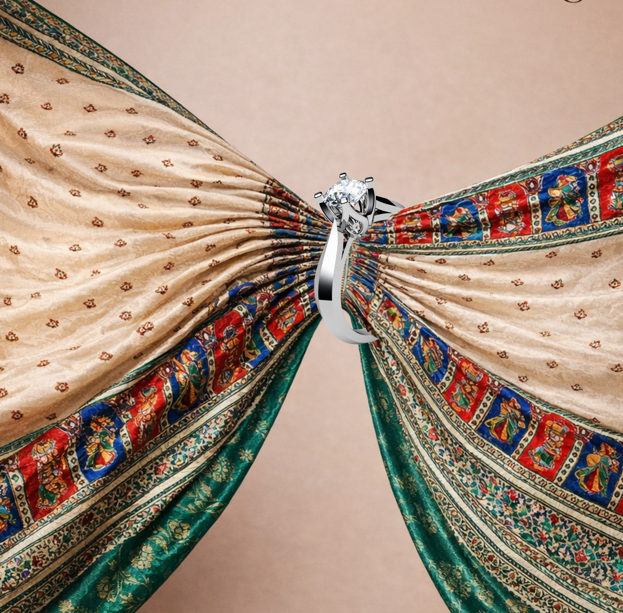 Decorative saree with intricate patterns and a diamond ring, featuring text on saree highlights.